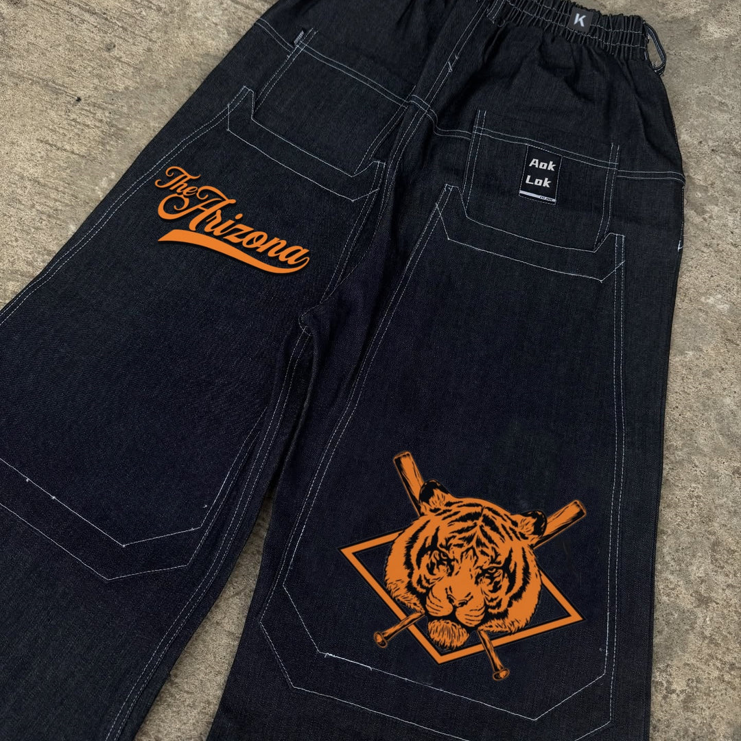 BAGGOUT Tiger print black jeans casual wide-leg slacks