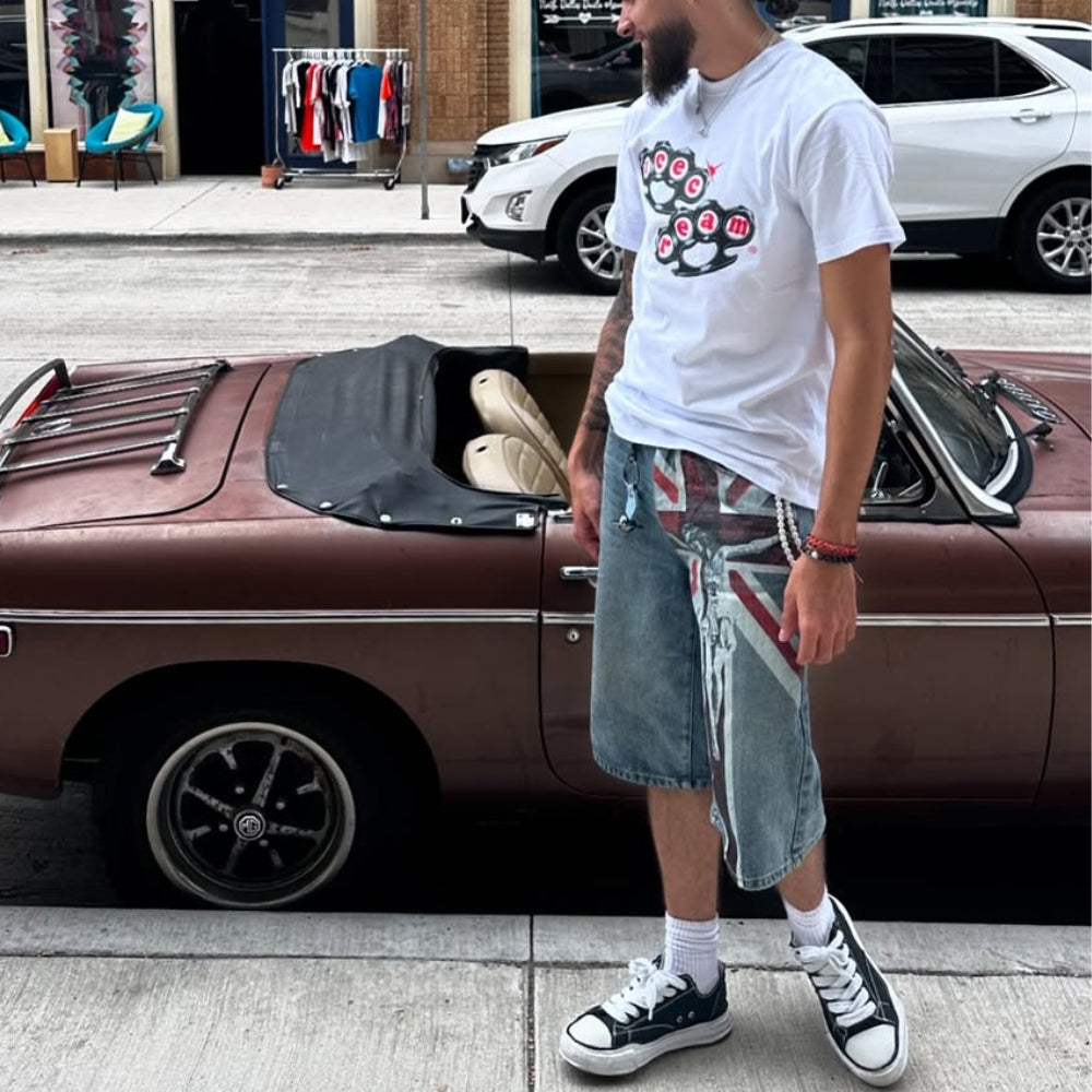 ART IN WAR Crownless Icons – Crucifix Denim Shorts