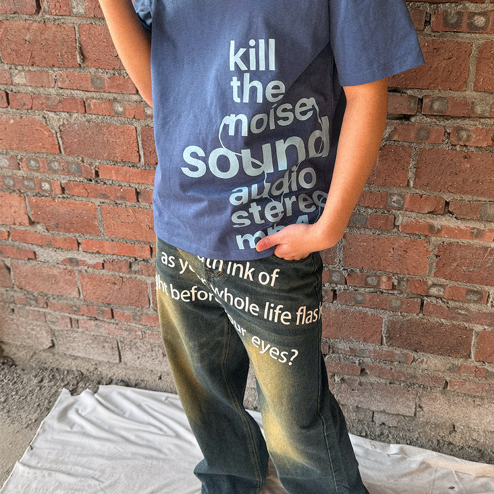 Unseen Echoes Melancholy Trend Letters Earphone Retro T-shirt