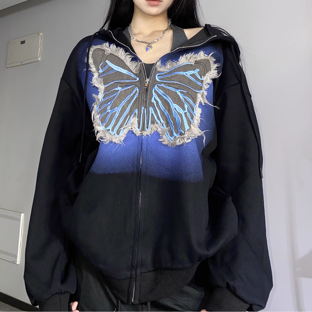 3D Denim Butterfly Patch Hoodie