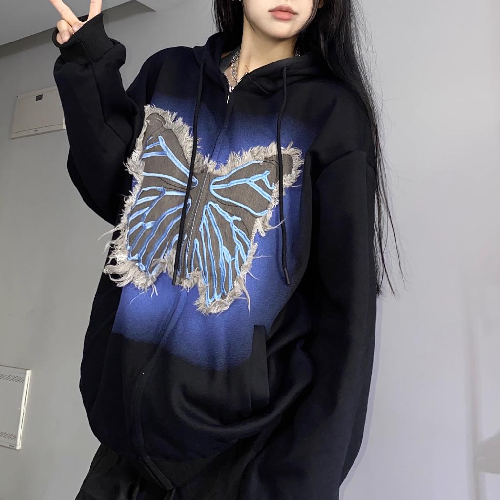 3D Denim Butterfly Patch Hoodie