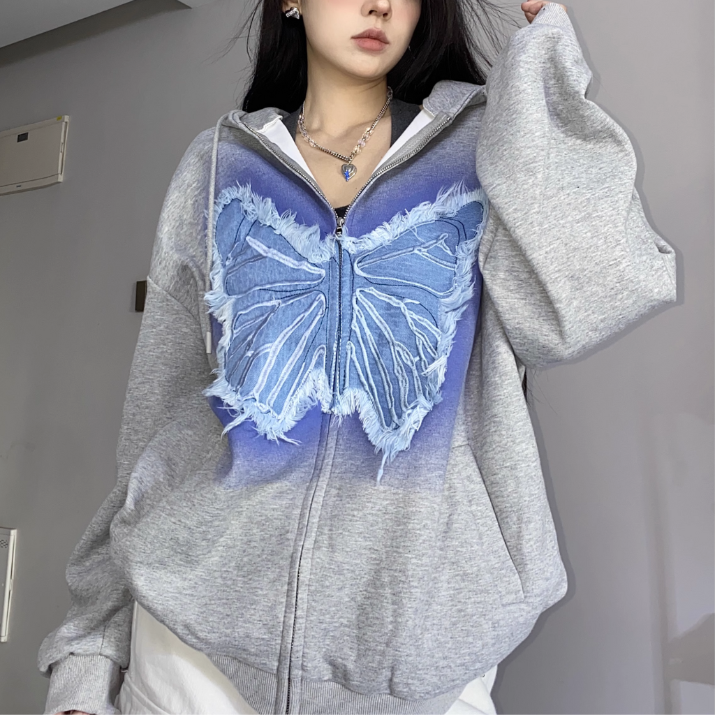 3D Denim Butterfly Patch Hoodie