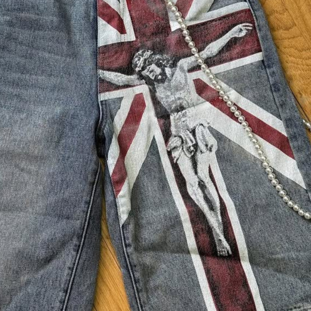 ART IN WAR Crownless Icons – Crucifix Denim Shorts
