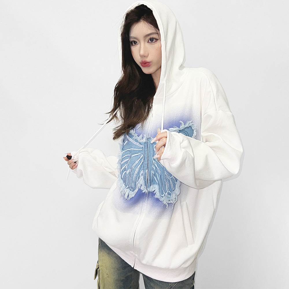 3D Denim Butterfly Patch Hoodie