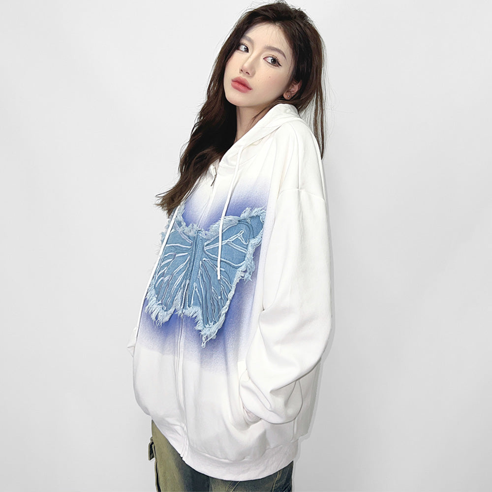 3D Denim Butterfly Patch Hoodie