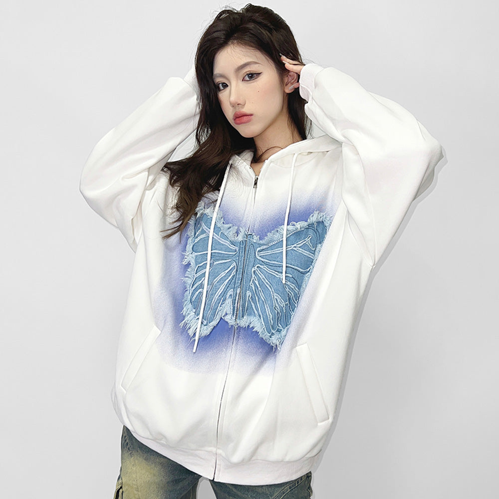 3D Denim Butterfly Patch Hoodie