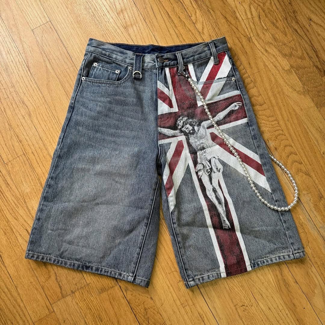 ART IN WAR Crownless Icons – Crucifix Denim Shorts